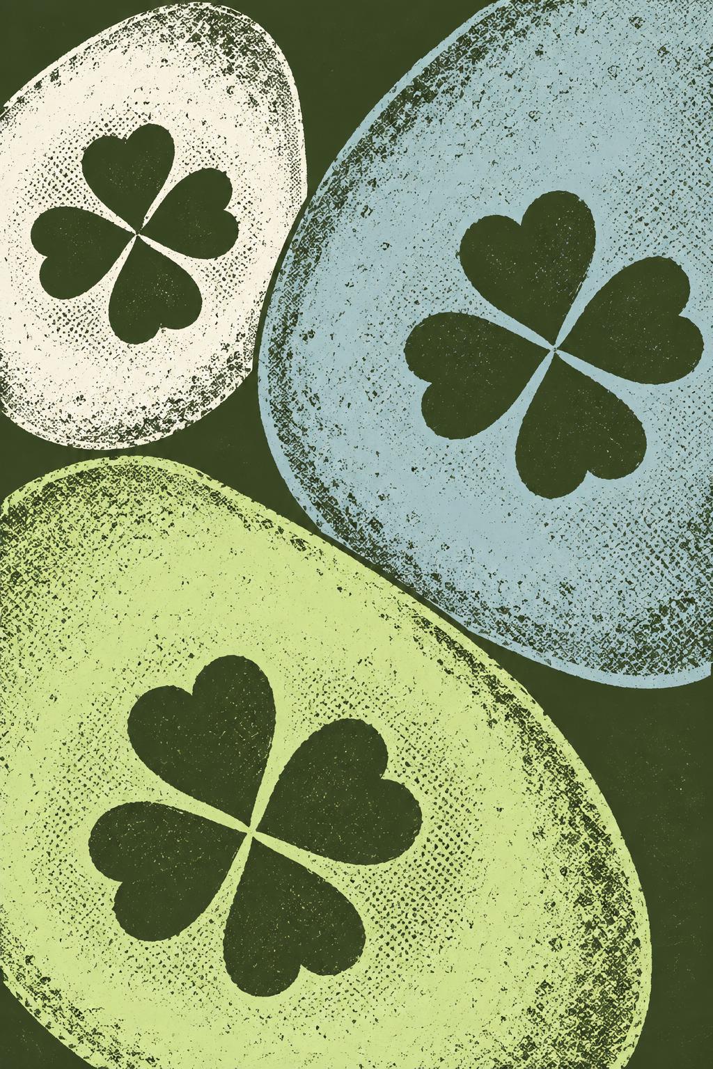 Bold, grainy avocado and clover forms overlap in lime, cream and dusty blue against deep olive