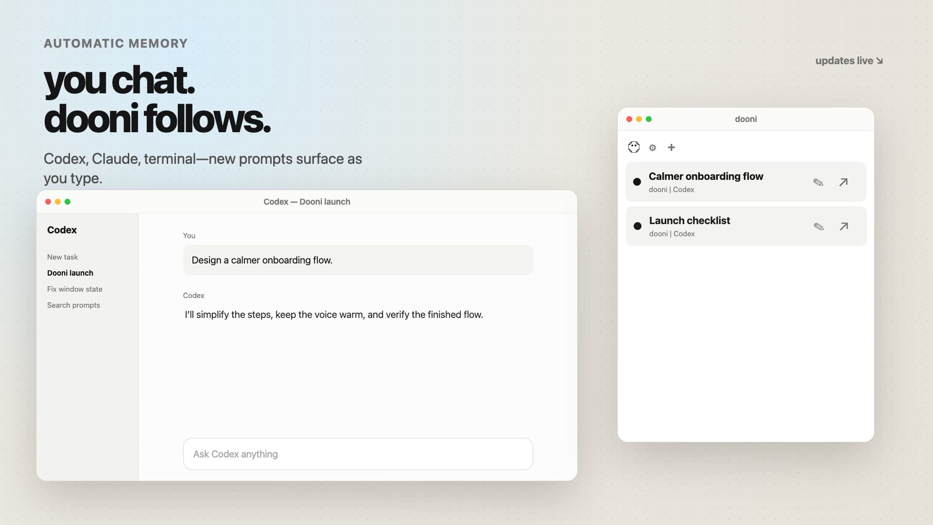 Demo showing a Codex chat automatically appearing in the dooni list