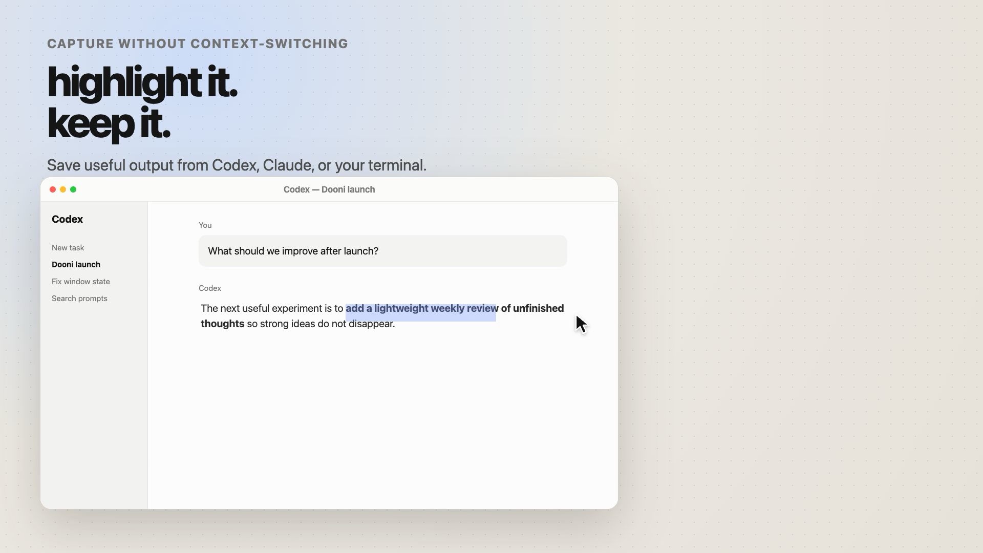 Demo showing text selected in a coding chat for capture