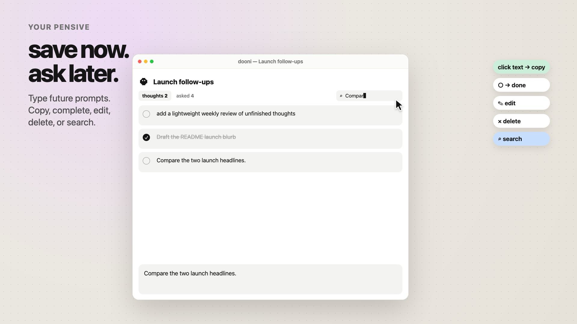 Demo showing a to-think list of future prompts in dooni’s thoughts tab
